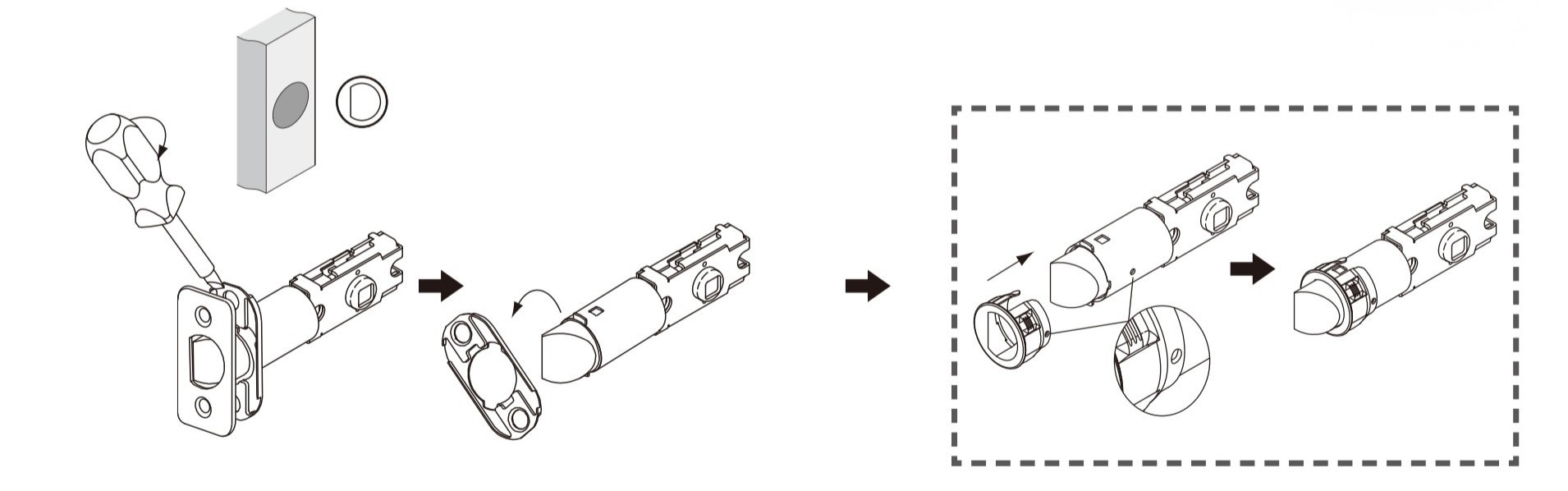 Removing the radius-corner faceplate and fitting the included collar to convert an adjustable latch to a drive-in latch