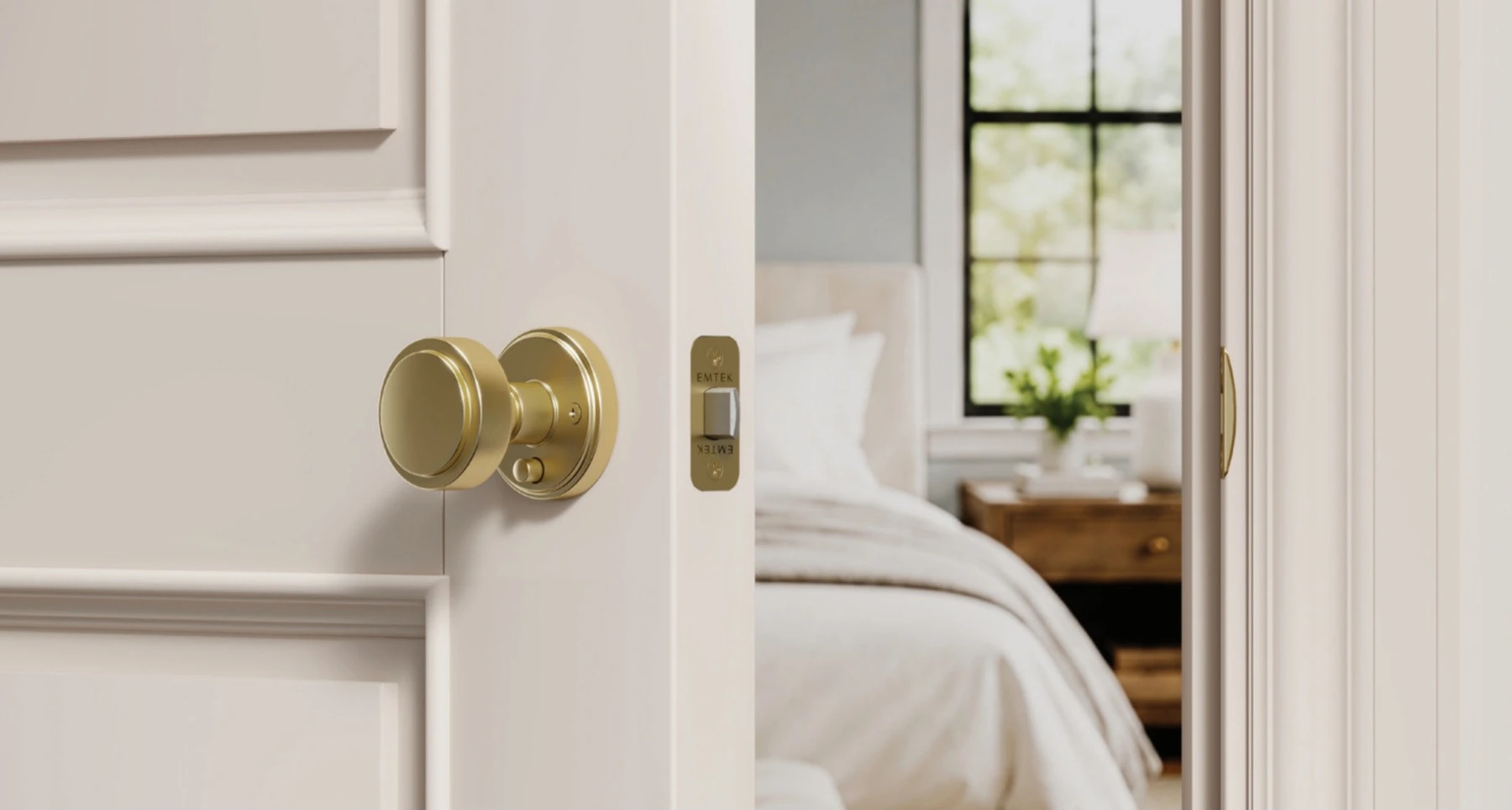 Gold-toned round knob on a white bedroom door