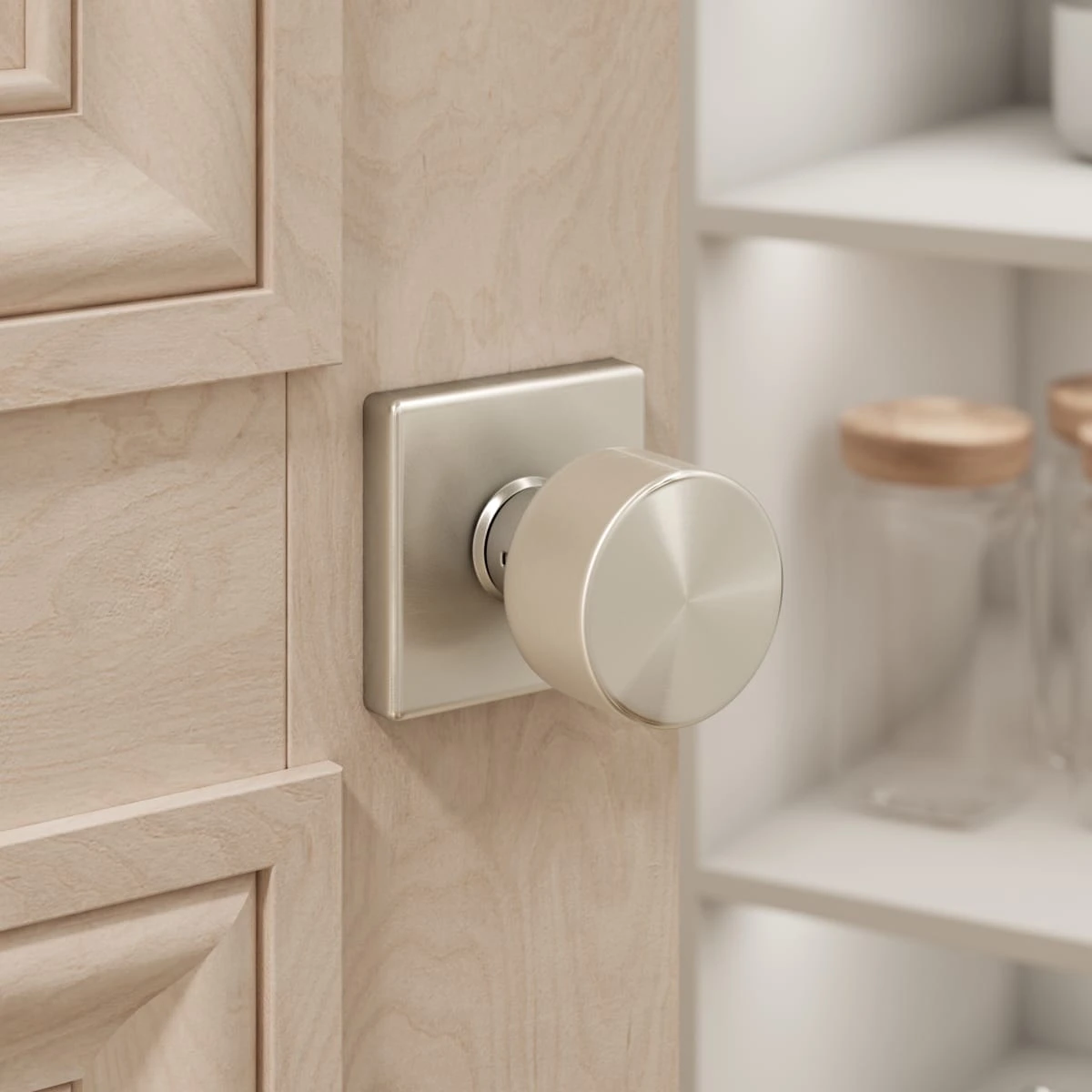 Light-metal round knob on a square plate against a pale wood pantry door