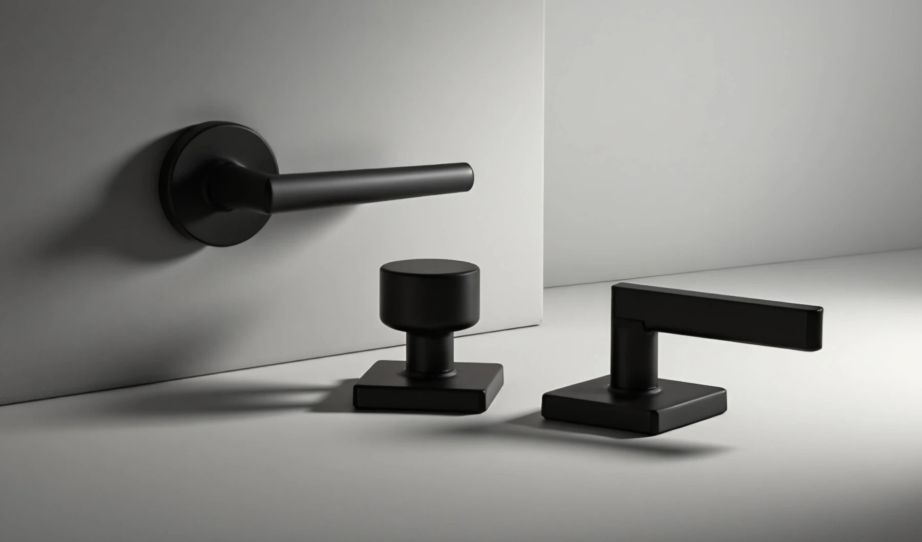 Three black door-hardware designs: a round-rosette lever, a knob on a square rosette and a square-rosette lever
